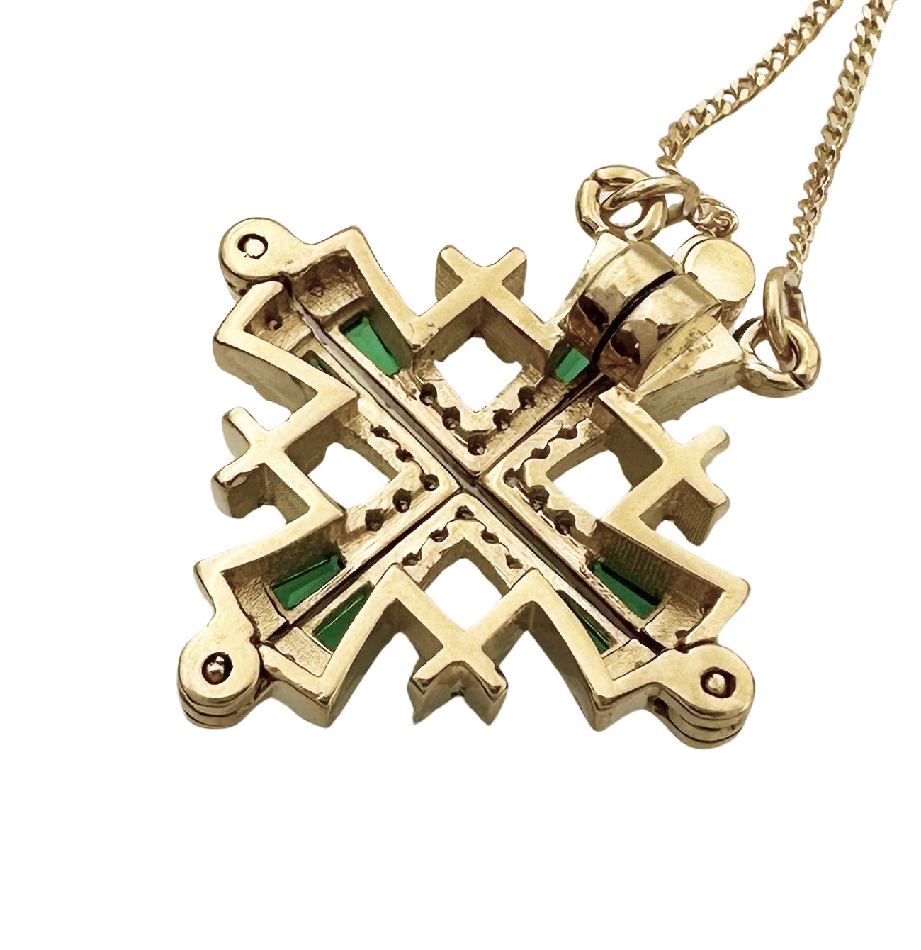 14K Gold Jerusalem Cross Diamond Necklace with Emeralds