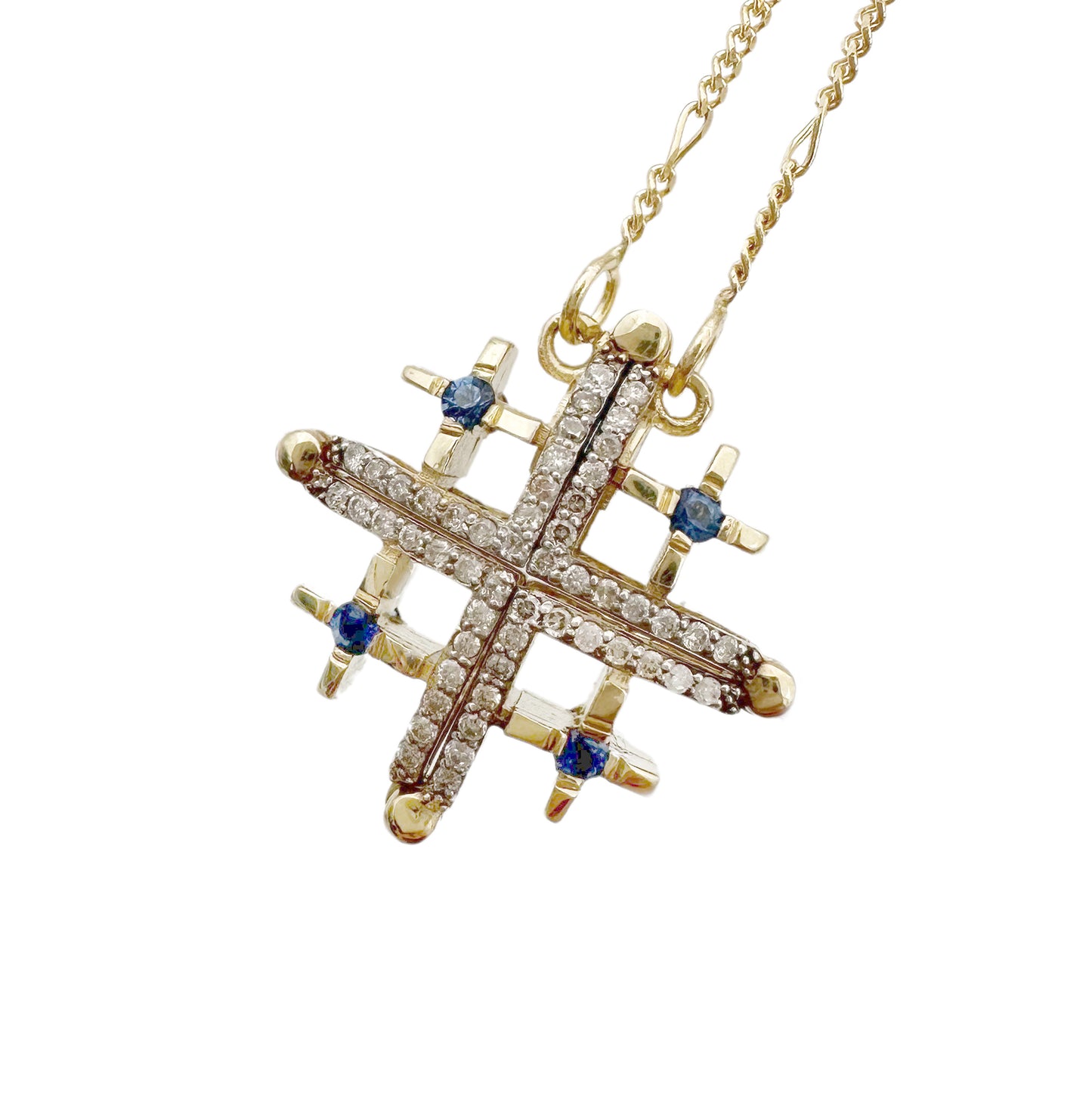 14K Gold Double-Sided Jerusalem Cross Sapphire/White Diamond Necklace