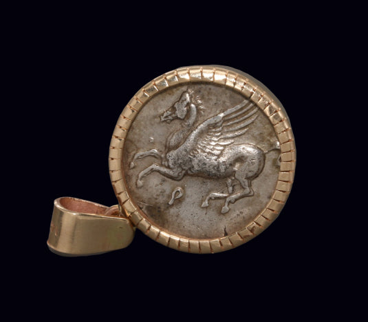 Ancient Greek Pegasus & Athena Silver Stater Set in 18K Gold Pendant – “Wings of Wisdom”