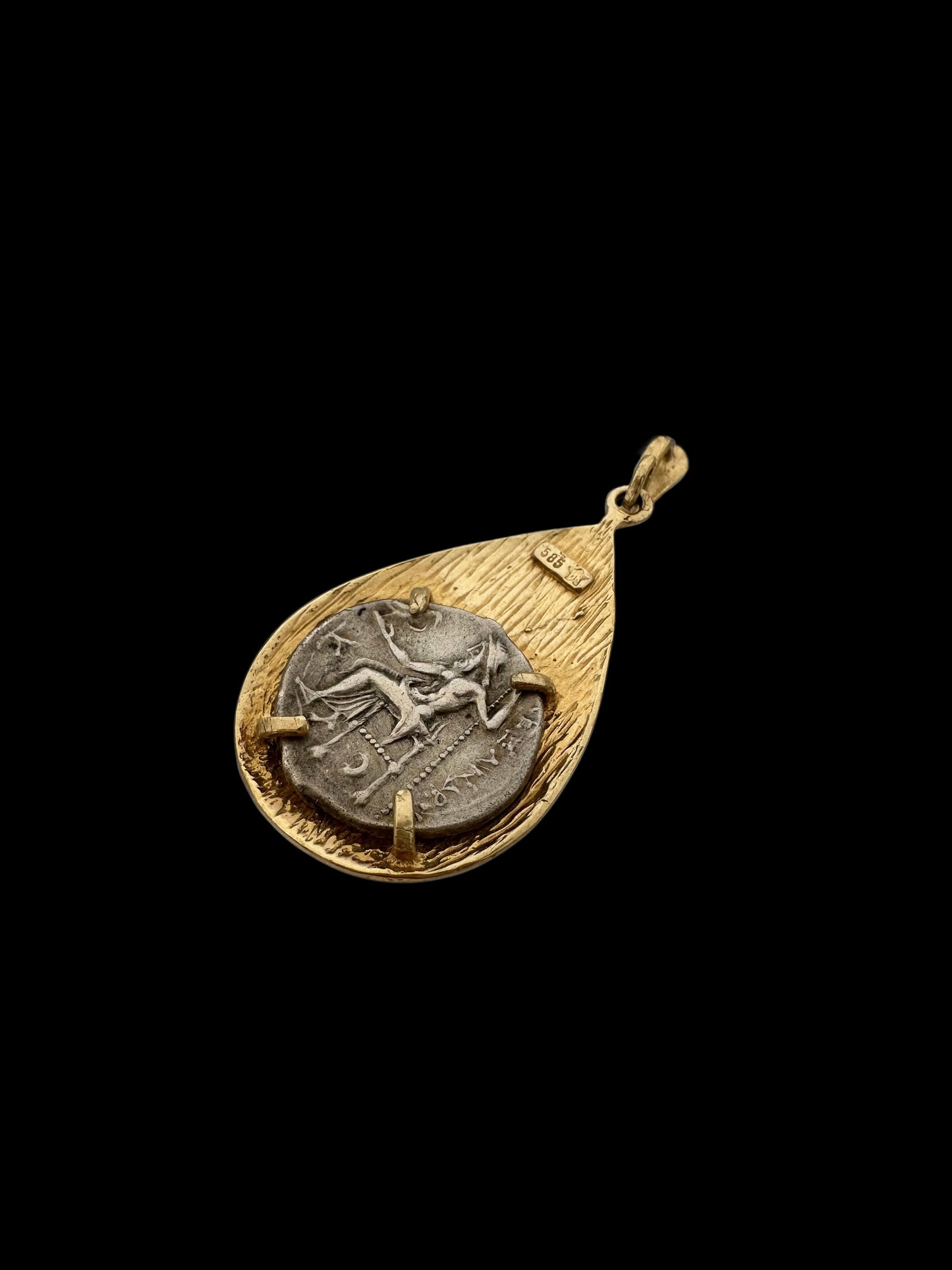 Ancient Alexander the Great Coin Set in 14K Gold Jerusalem City Walls Water Drop Pendant
