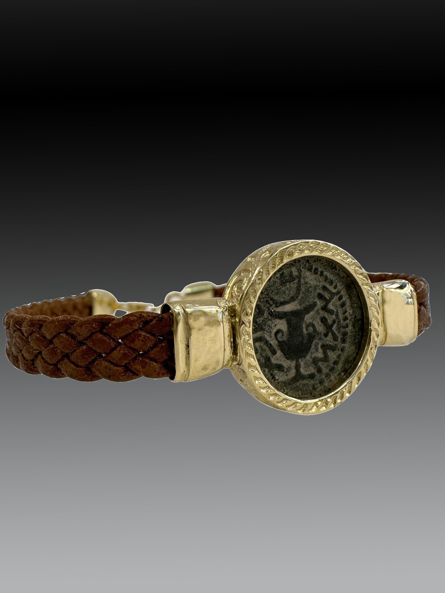 Ancient Masada Revolt Jewish Coin Set in 14K Gold & Genuine Leather Bracelet