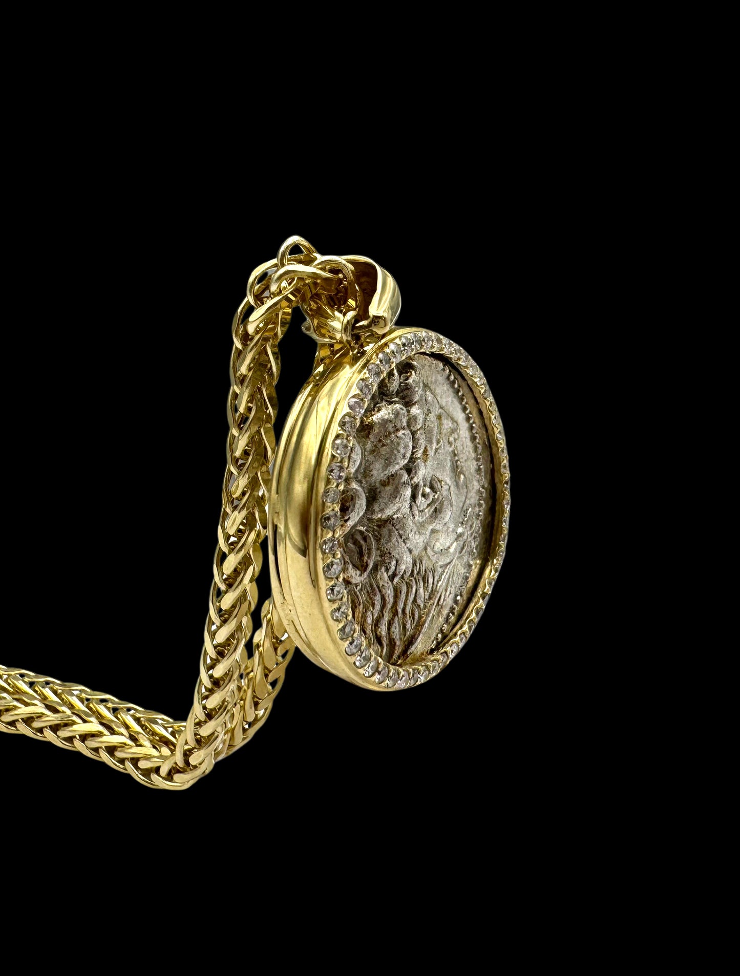 Solid 14K Gold Alexander the Great Coin Pendant with White Diamonds