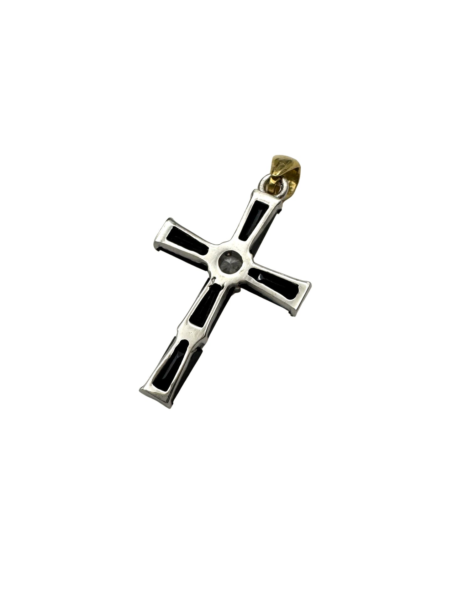 14K Gold Cross Pendant with Black Enamel & Center Gemstone