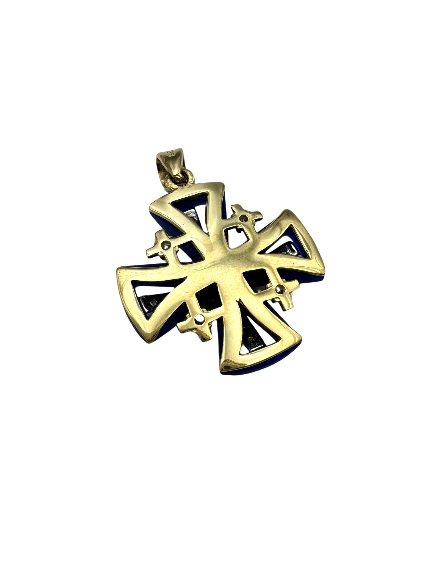 14K Gold Jerusalem Cross Pendant with Crystals & Blue Enamel