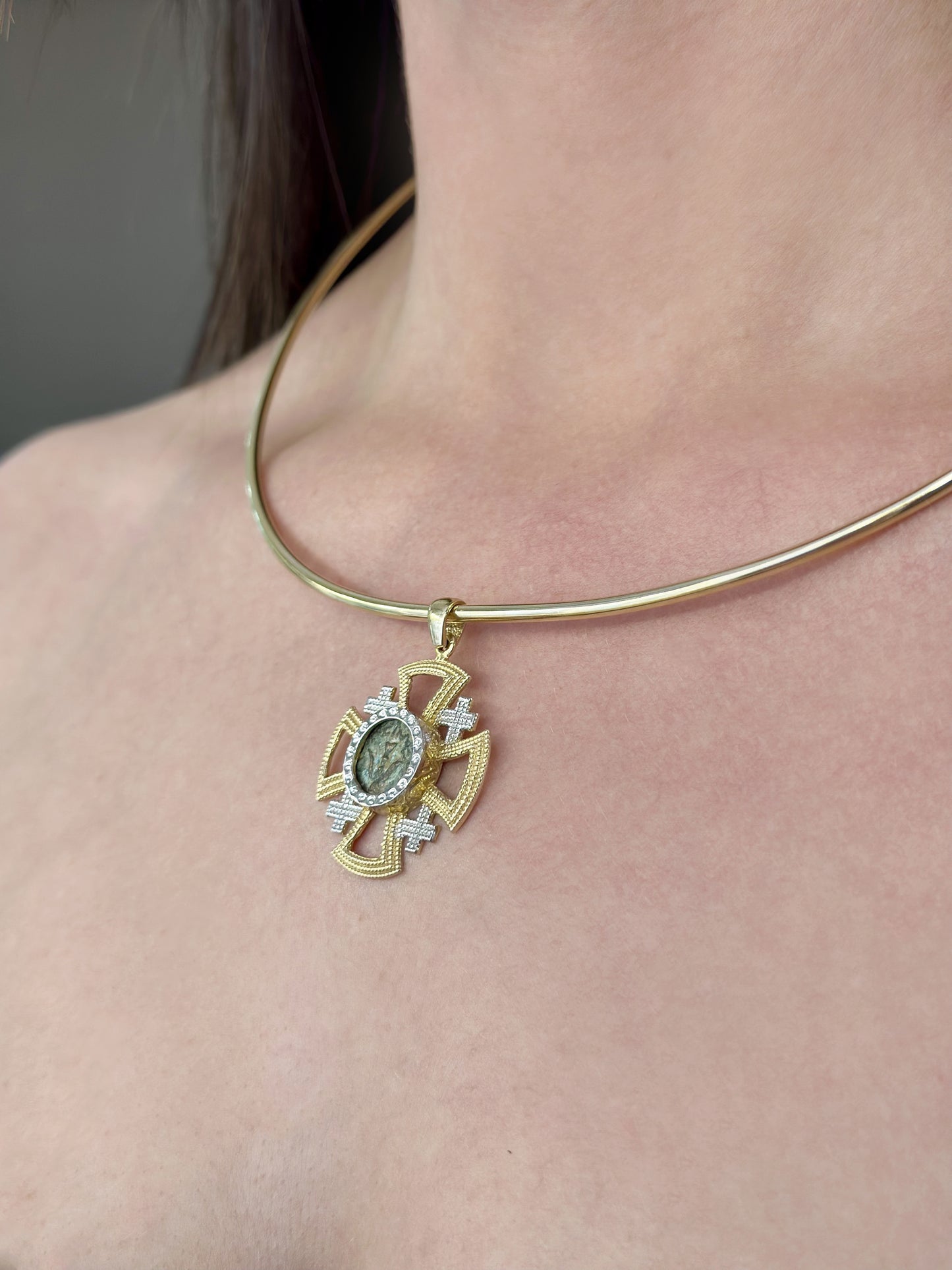 Ancient Widow’s Mite Jewish Maccabean Coin Set in 14k Gold Jerusalem Cross Pendant