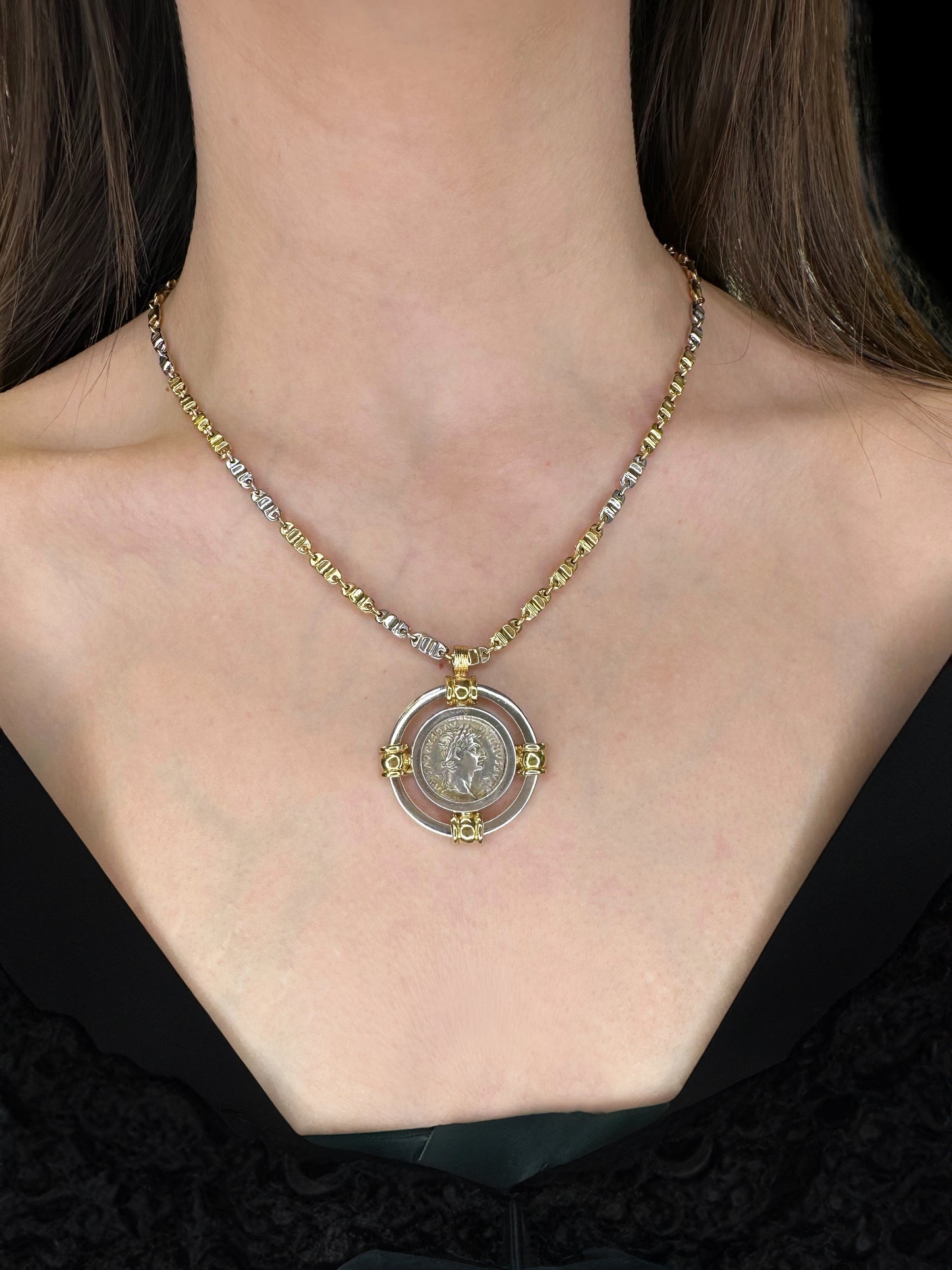 Ancient Silver Denarius Tribute Penny “Render To Caesar” Coin Set in 14K Gold Pendant