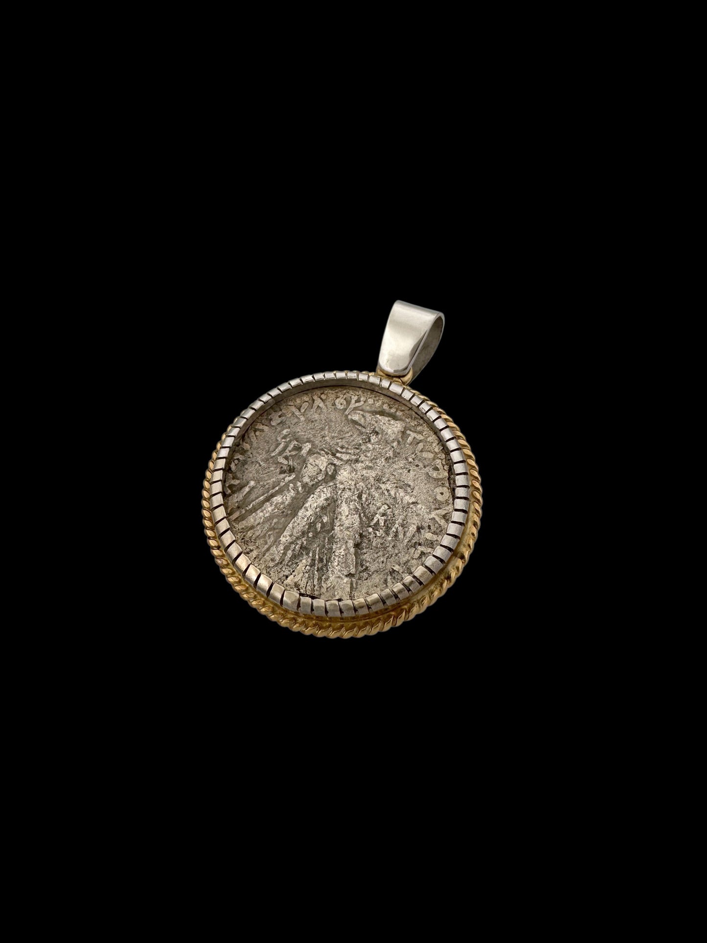 Ancient Shekel of Tyre Temple Tax Coin Set in 14K Two Tone Gold Pendant