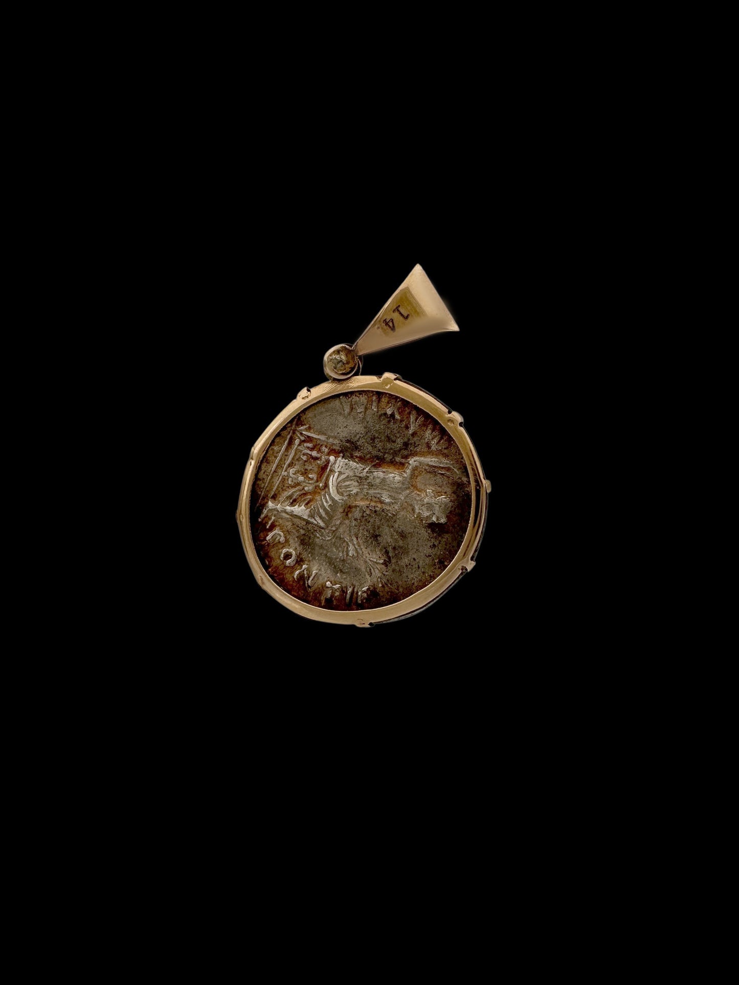 Ancient Silver Biblical Tribute Penny Denarius Coin Set in 14K Gold Pendant