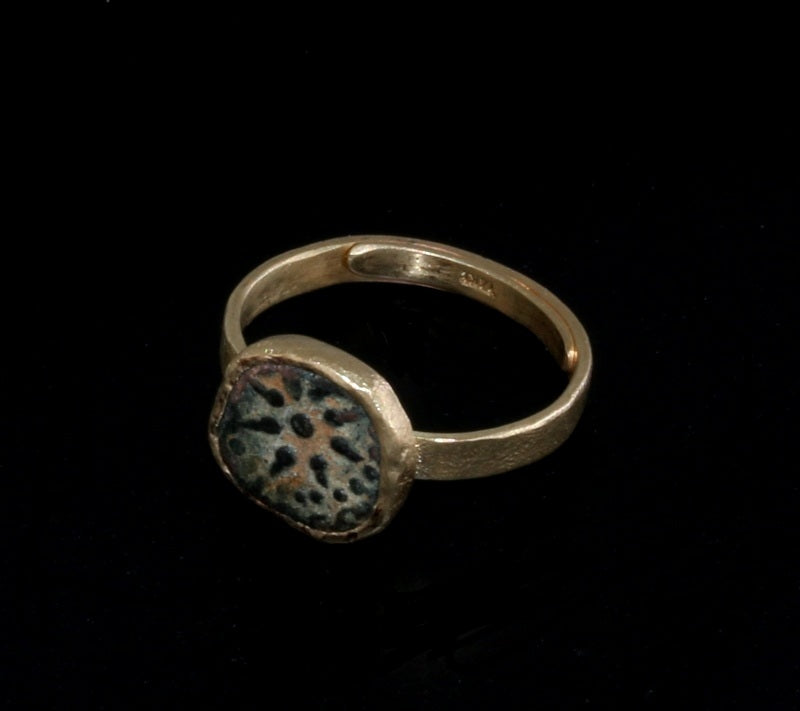 Bronze Widow's Mite Coin Set In 14K Gold Ring