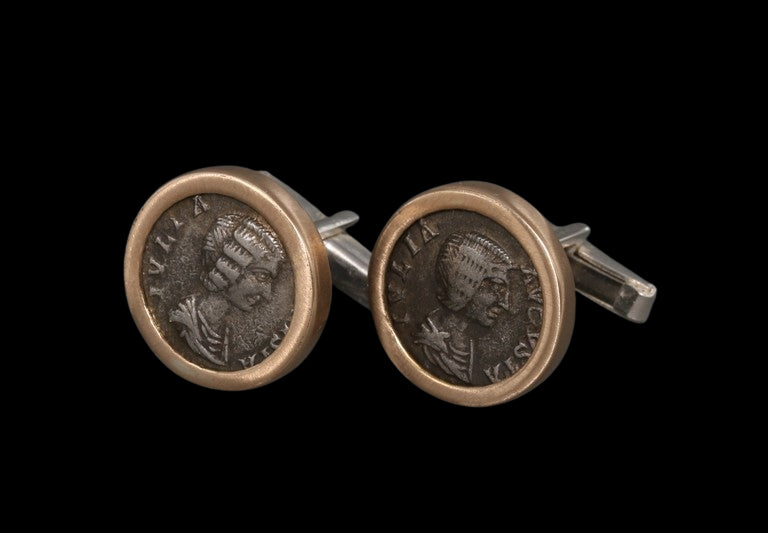 Two Roman Silver Denarii of Julia Domna set in Solid 18K Gold and Silver Cufflinks