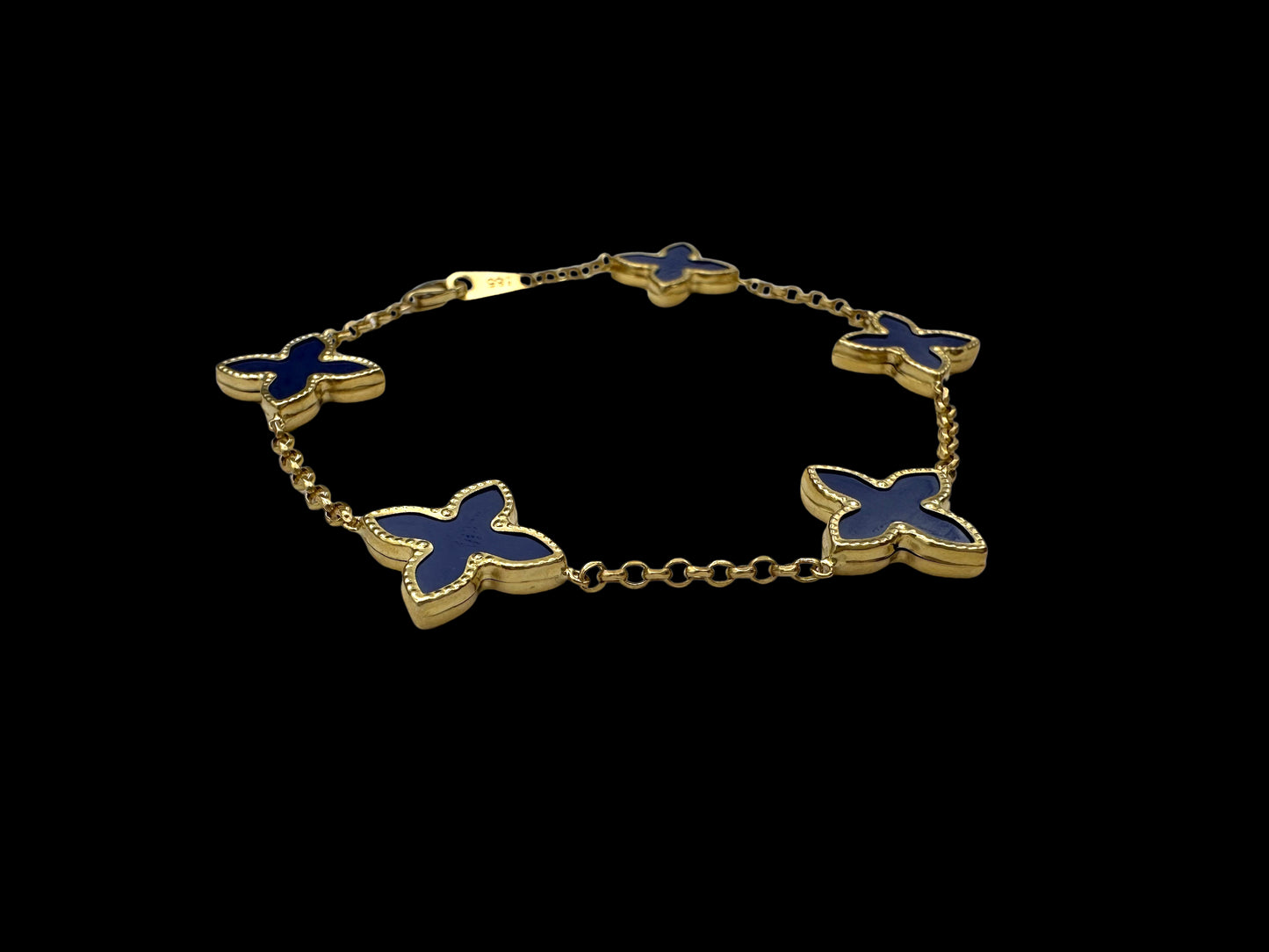 Solid 14K Gold Bracelet with Blue Enamel Clover Charms – Graceful Harmony