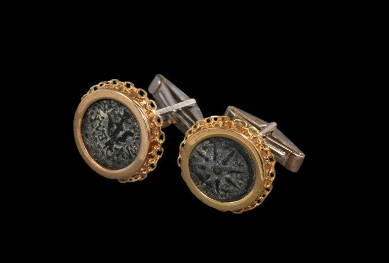 Two Bronze Widows Mite Coins Set in Solid 18K Gold & silver