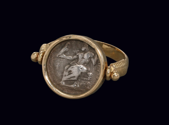 Silver Drachm of Alexander the Great Set in 18K Gold Ring – “Legacy of Conquest”