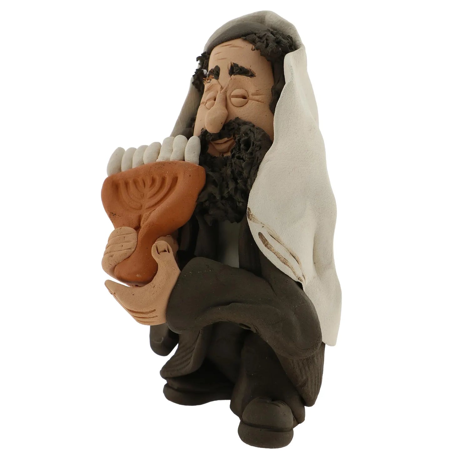 Handcrafted Ceramic figurine portraying a Jewish Rabbi holding a Menorah