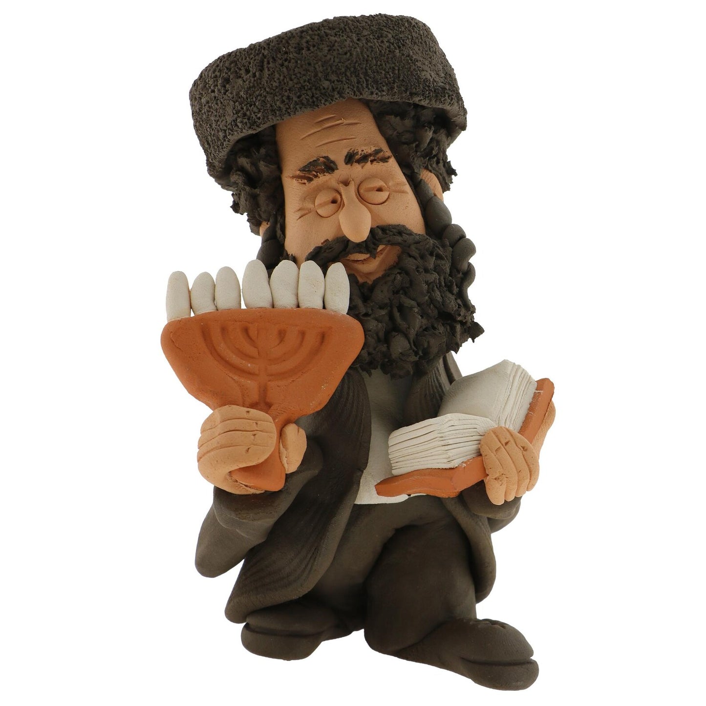 Handcrafted Ceramic figurine portraying a Jewish Rabbi holding a Book and Menorah