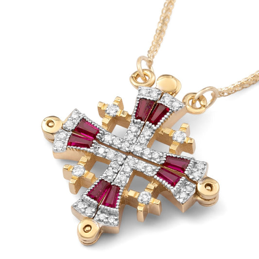 14K Gold Jerusalem Cross Diamond Necklace with Ruby