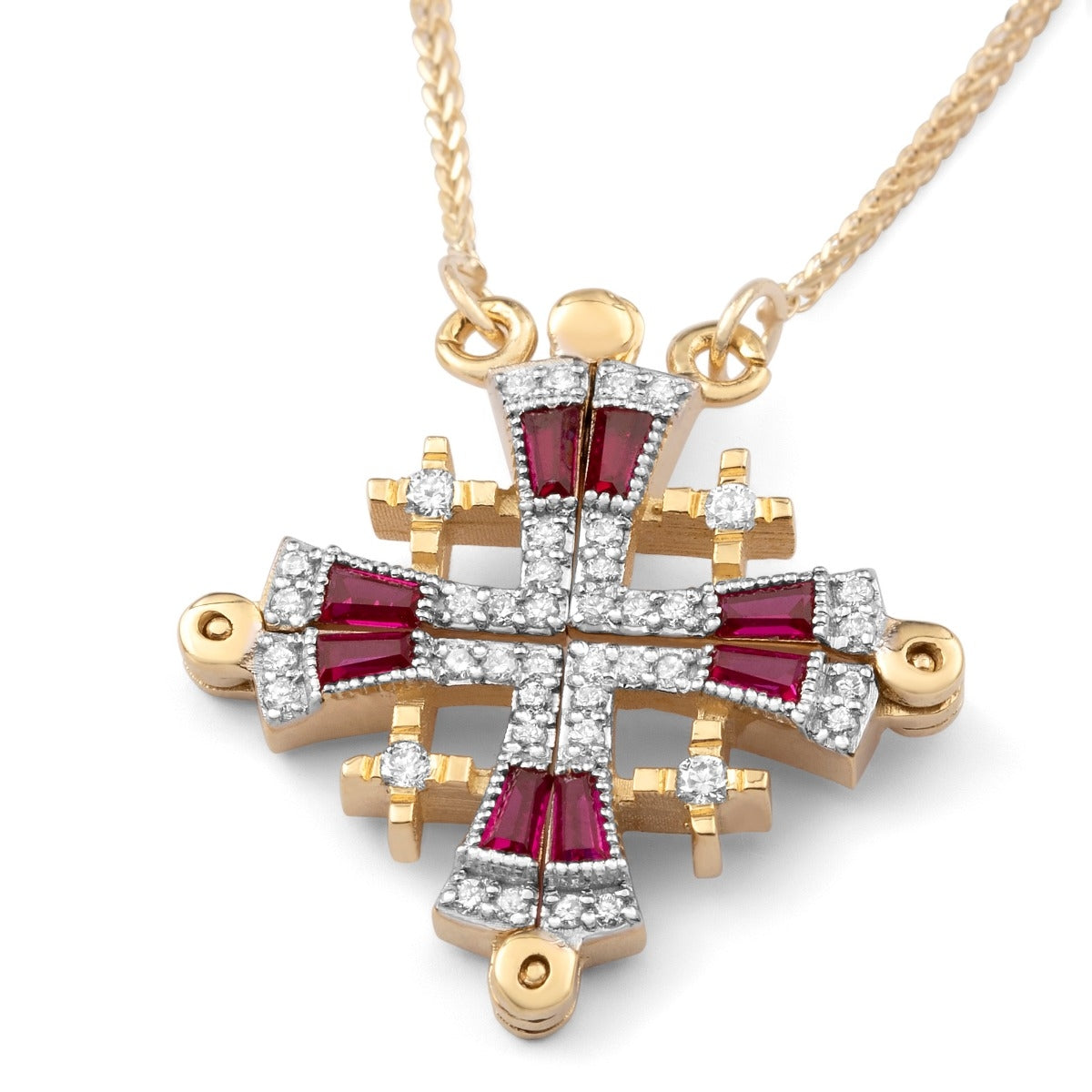 14K Gold Jerusalem Cross Diamond Necklace with Ruby