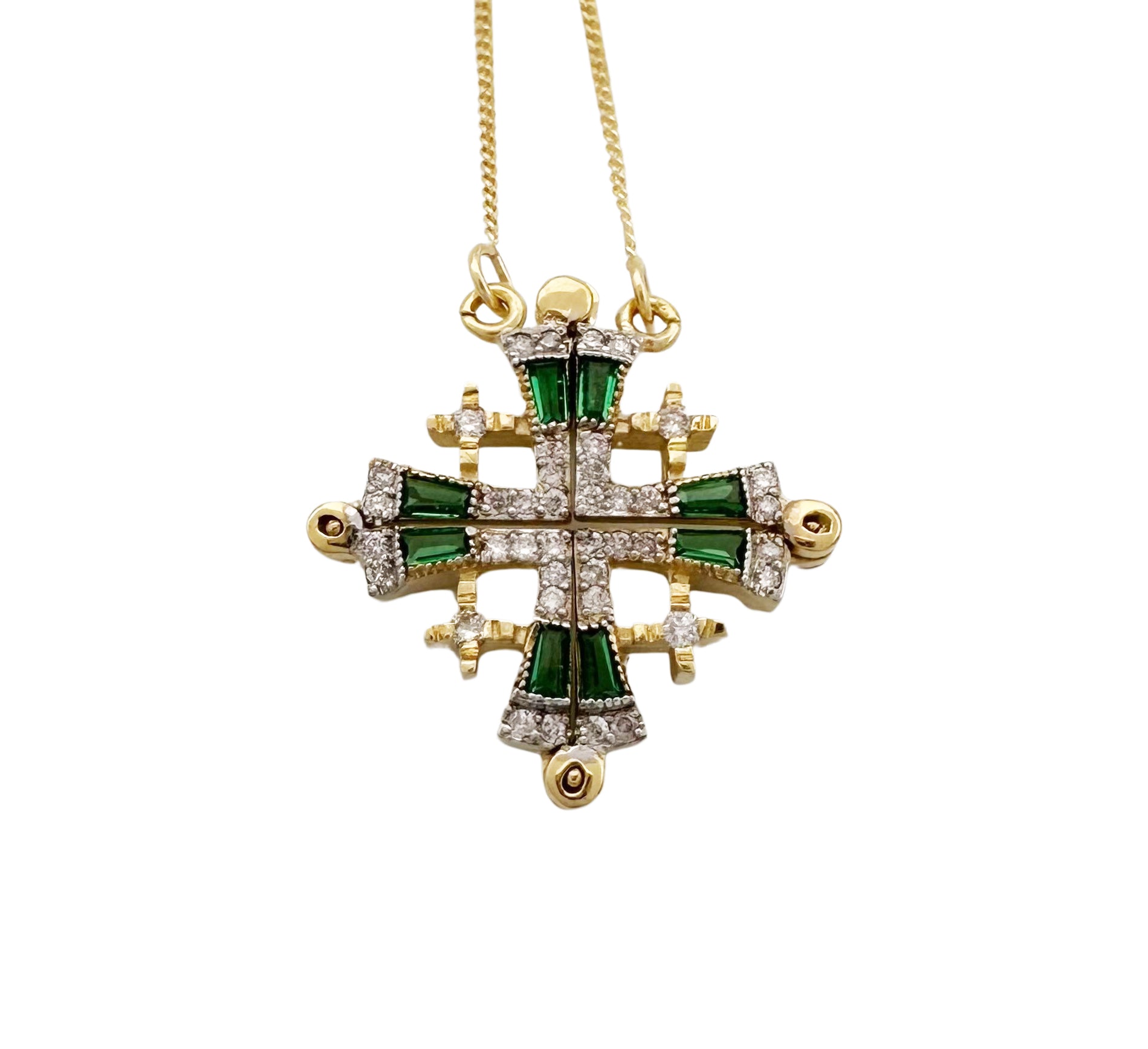 14K Gold Jerusalem Cross Diamond Necklace with Emeralds