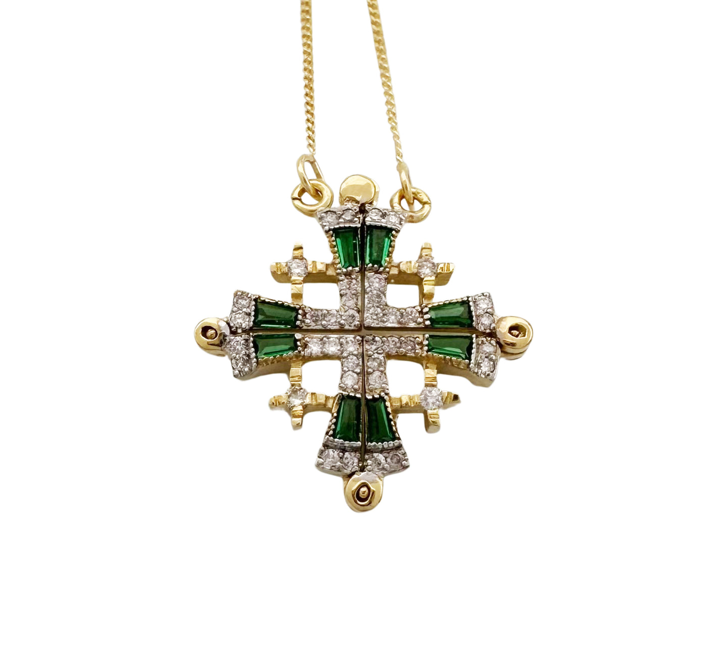 14K Gold Jerusalem Cross Diamond Necklace with Emeralds