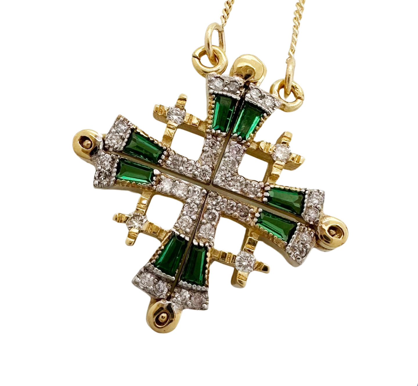 14K Gold Jerusalem Cross Diamond Necklace with Emeralds