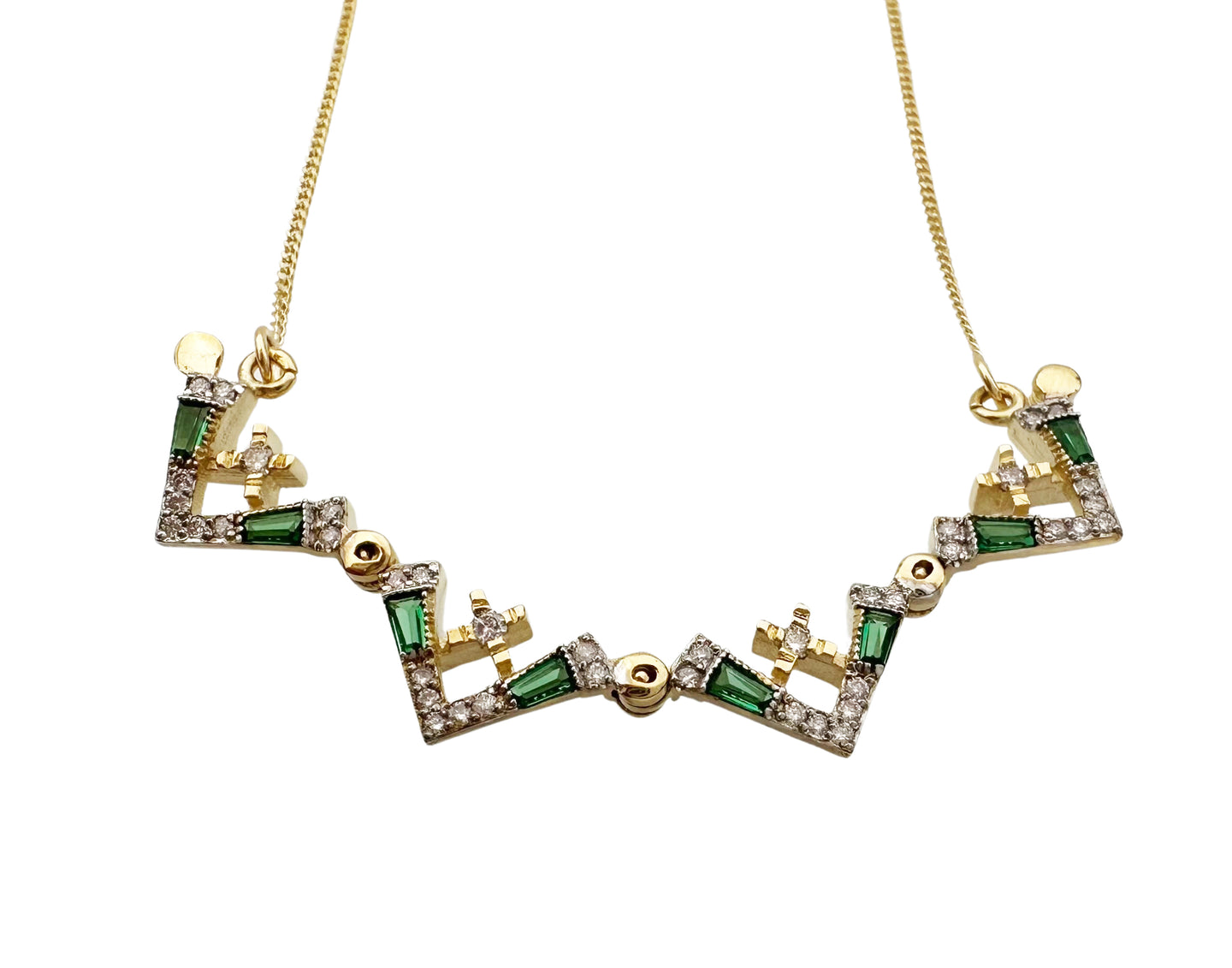 14K Gold Jerusalem Cross Diamond Necklace with Emeralds