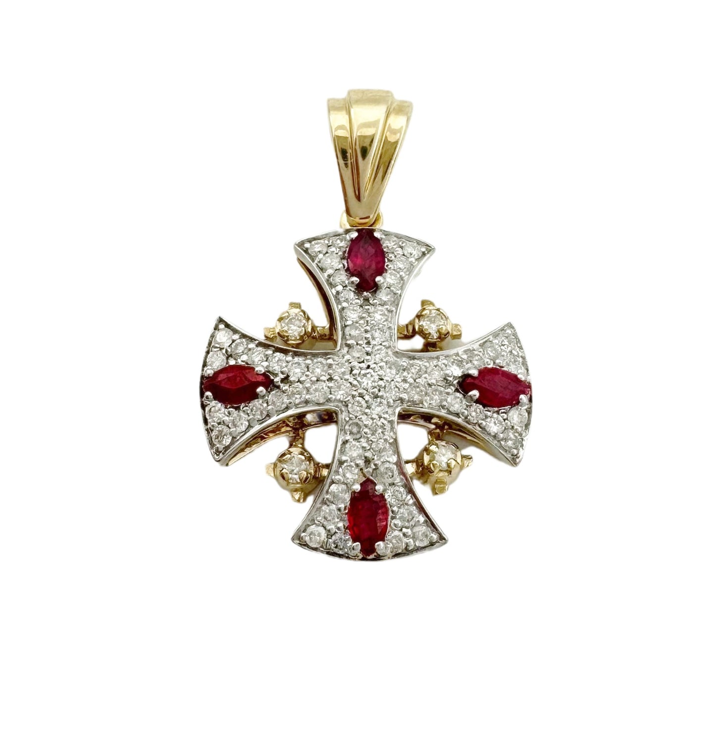 14K Gold Jerusalem Cross Diamond Necklace with Ruby Stones