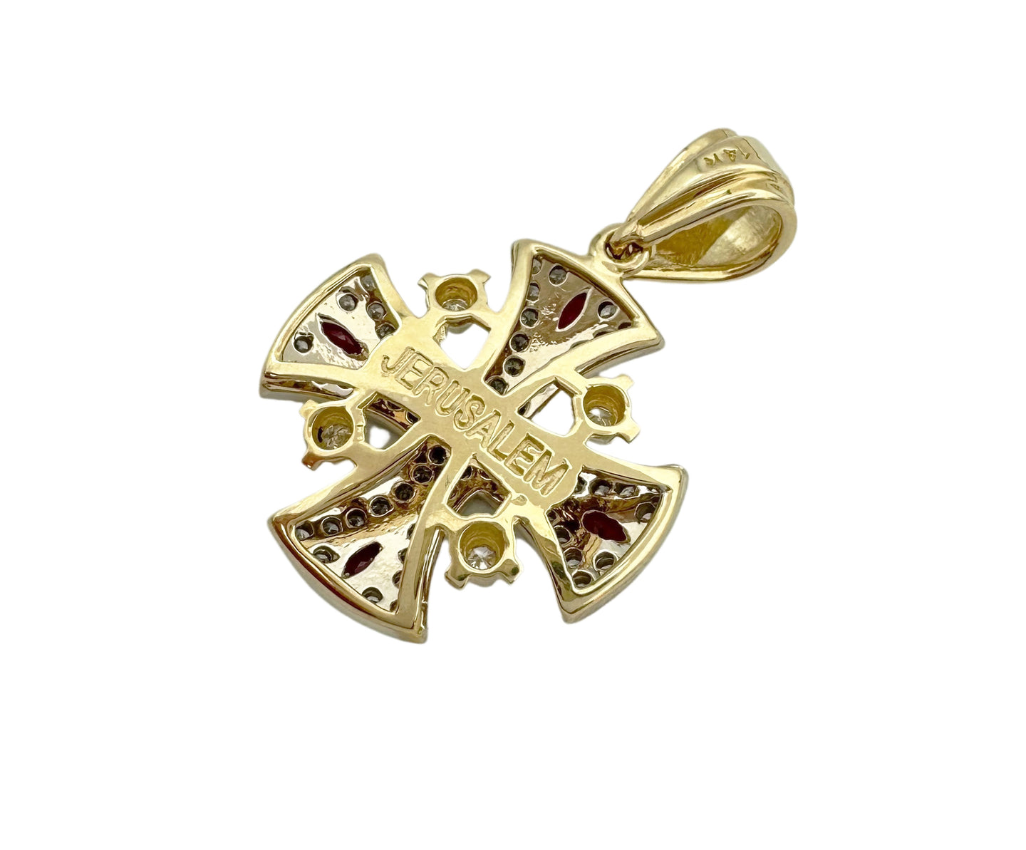 14K Gold Jerusalem Cross Diamond Necklace with Ruby Stones