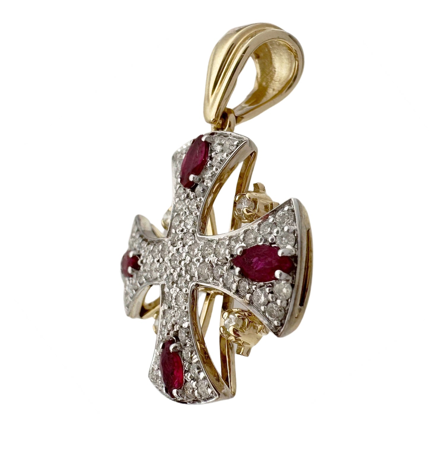 14K Gold Jerusalem Cross Diamond Necklace with Ruby Stones