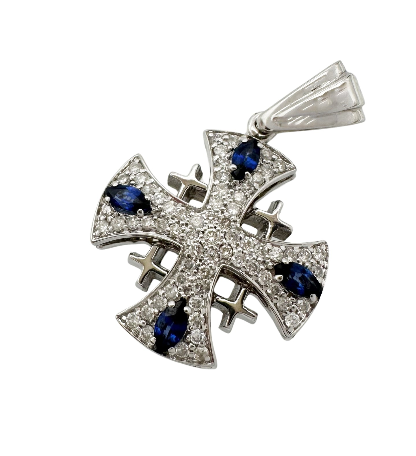 14K Gold Jerusalem Cross Diamond Necklace with Blue Sapphire Stones