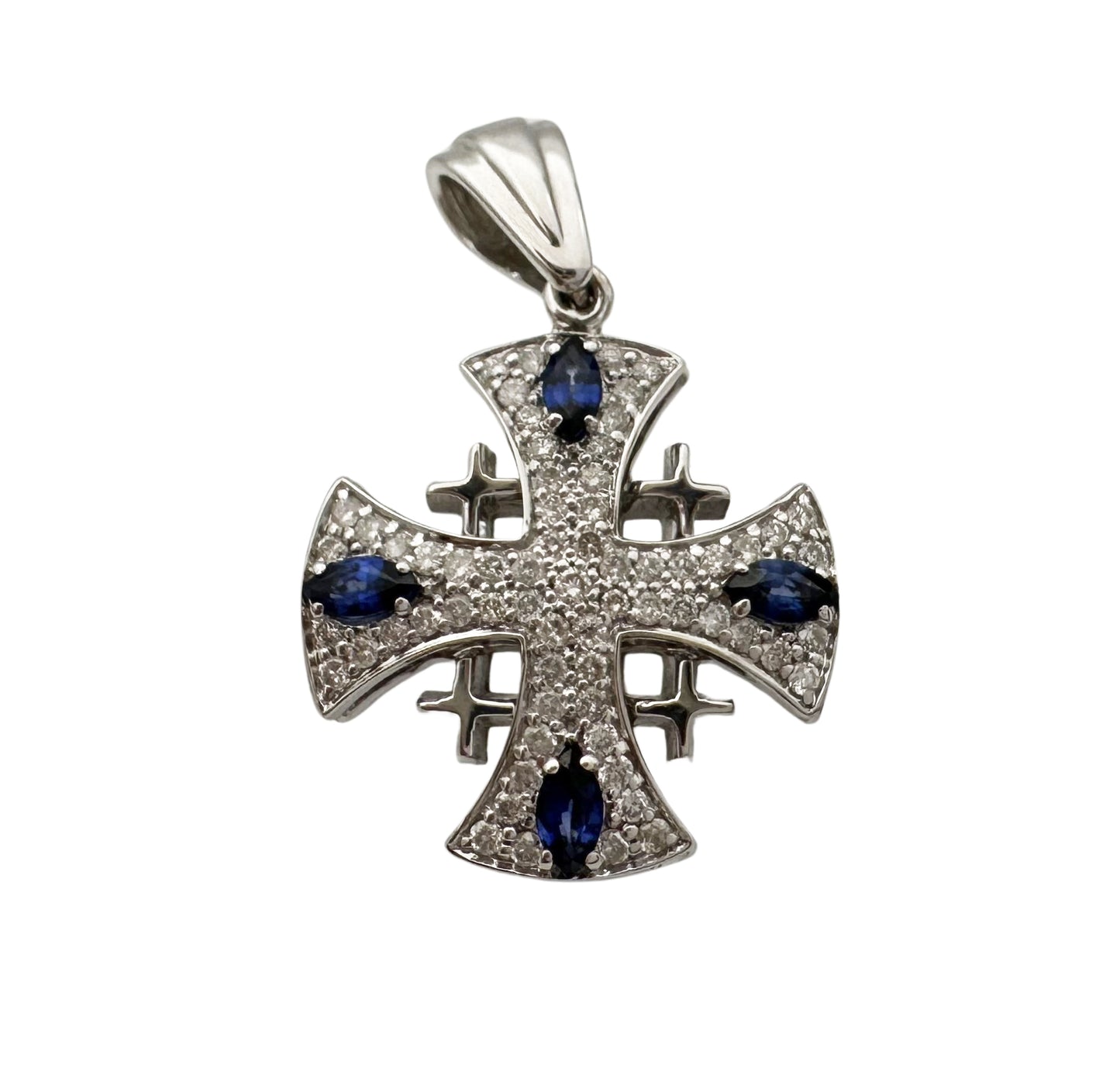 14K Gold Jerusalem Cross Diamond Necklace with Blue Sapphire Stones