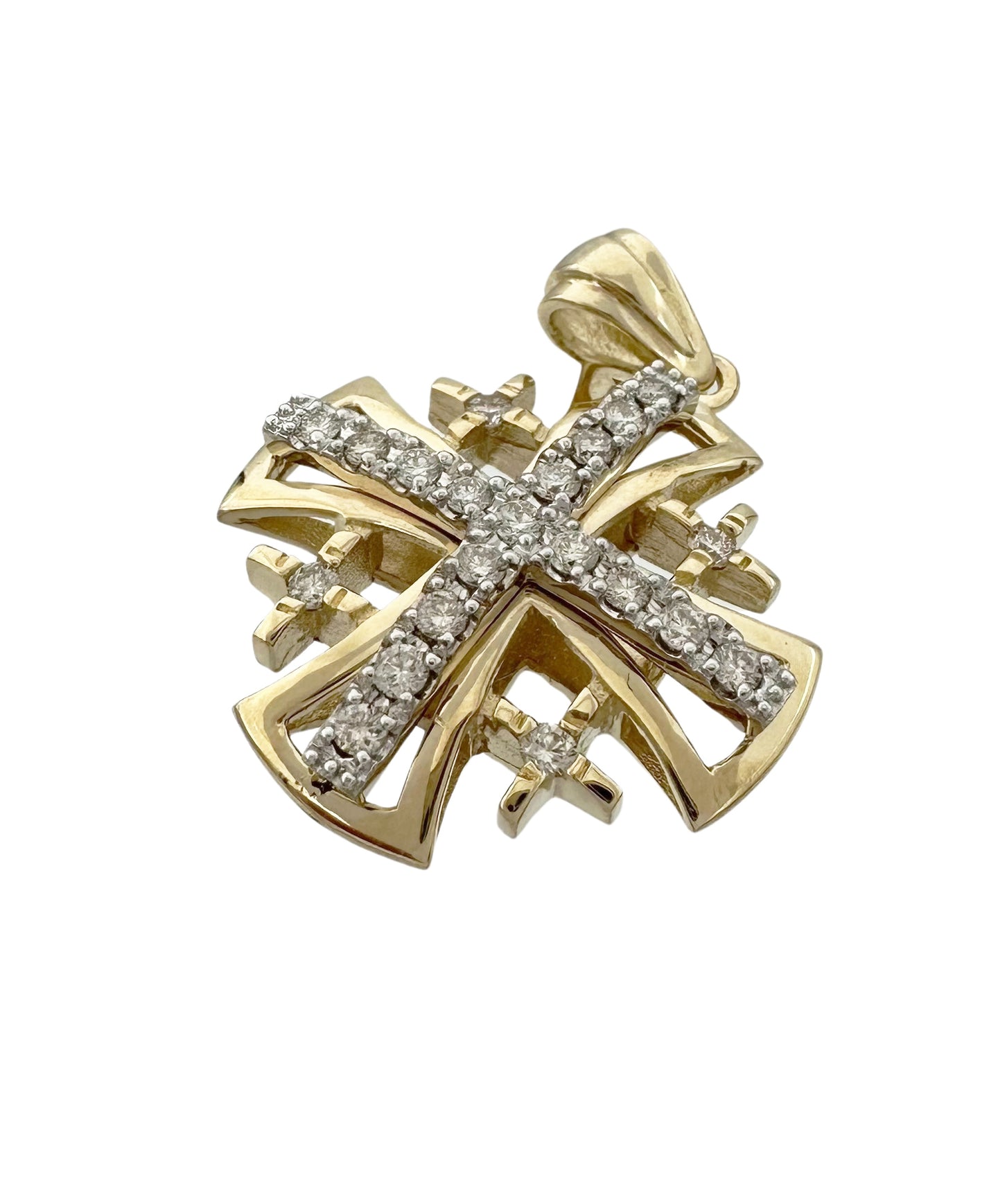 14K Yellow Gold and Diamond Splayed Jerusalem Cross Pendant with 21 Diamonds