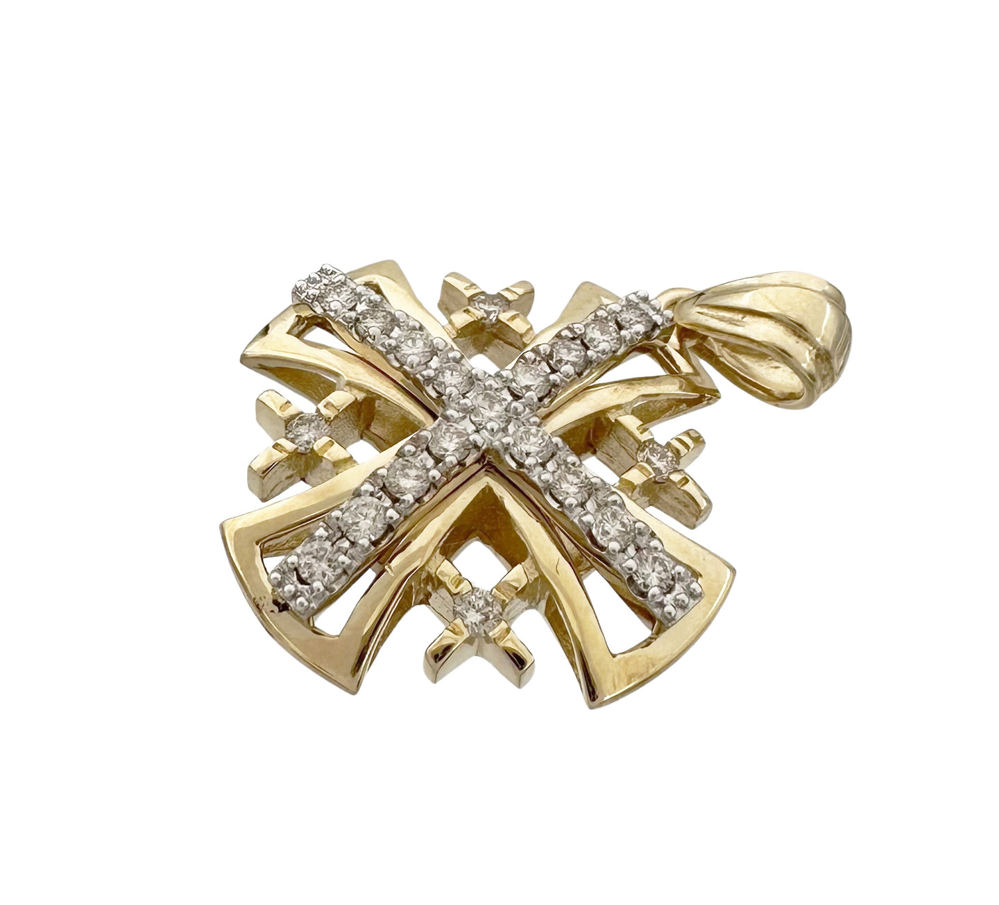 14K Yellow Gold and Diamond Splayed Jerusalem Cross Pendant with 21 Diamonds