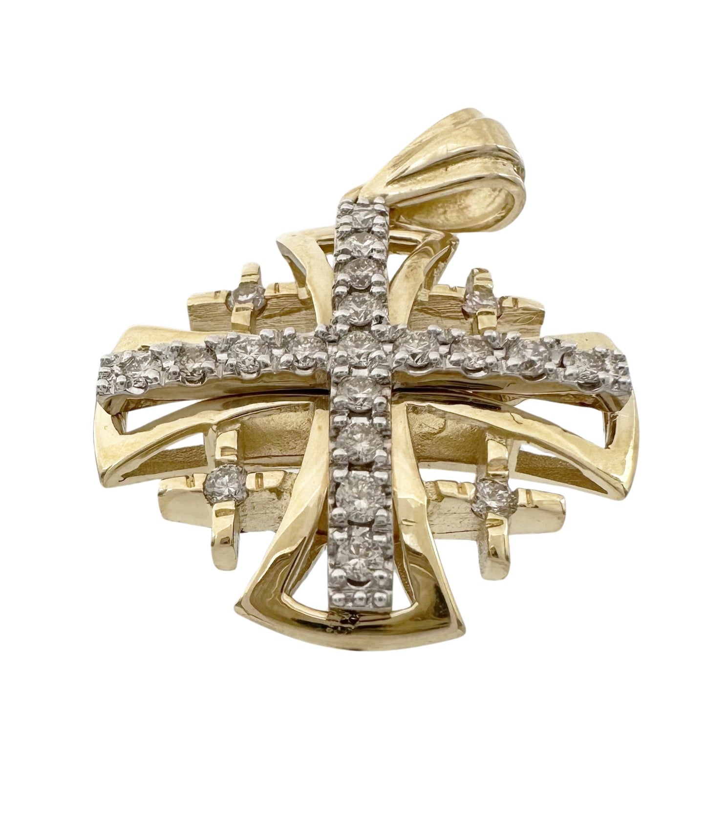 14K Yellow Gold and Diamond Splayed Jerusalem Cross Pendant with 21 Diamonds