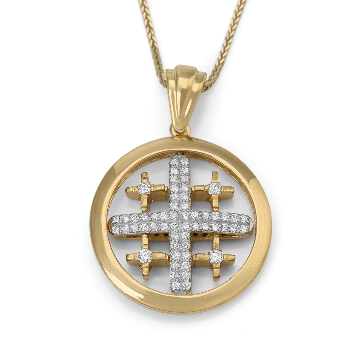 14K Yellow Gold Spinning Jerusalem Cross with Blue & White Diamonds.