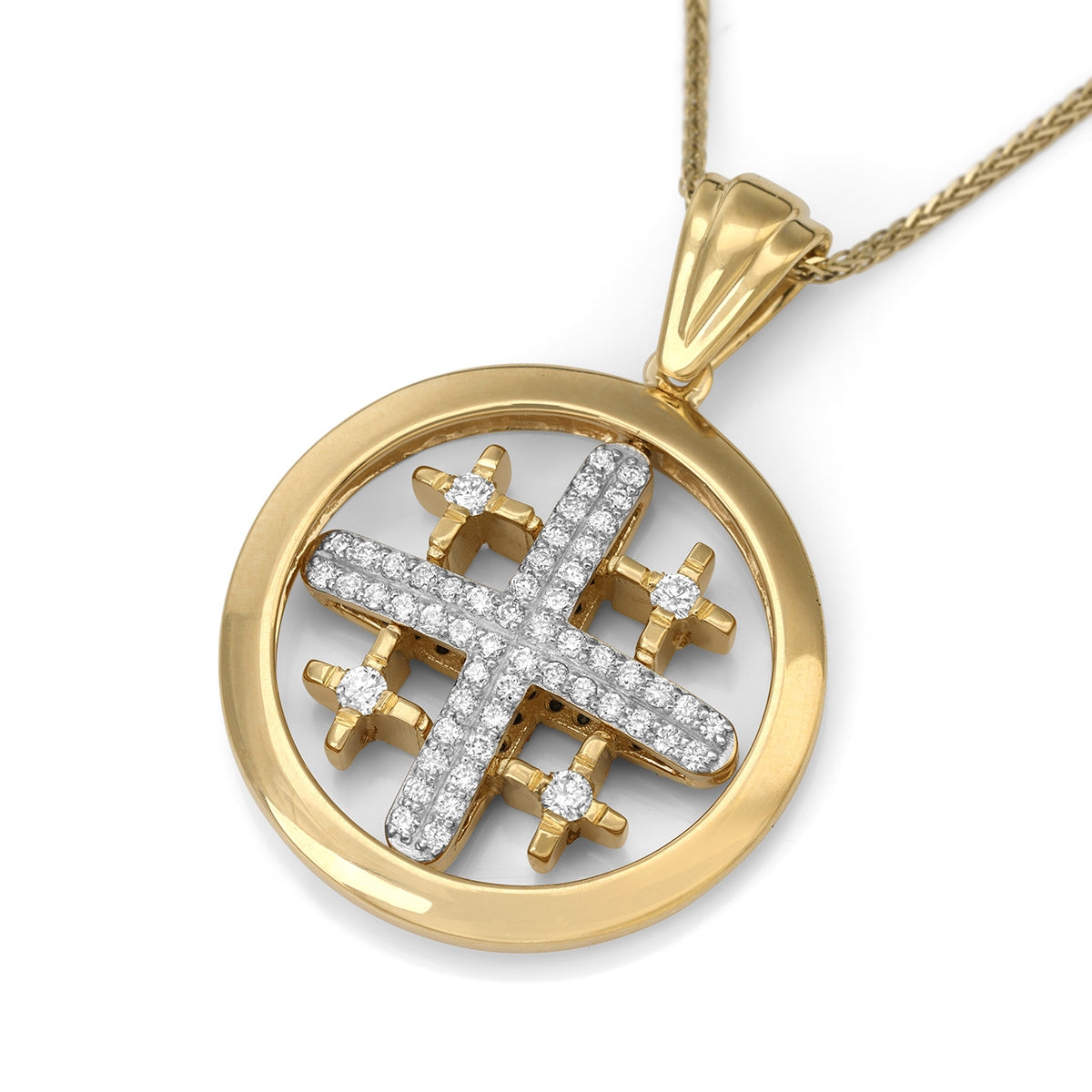 14K Yellow Gold Spinning Jerusalem Cross with Blue & White Diamonds.