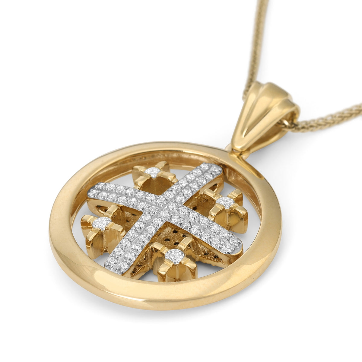 14K Yellow Gold Spinning Jerusalem Cross with Blue & White Diamonds.