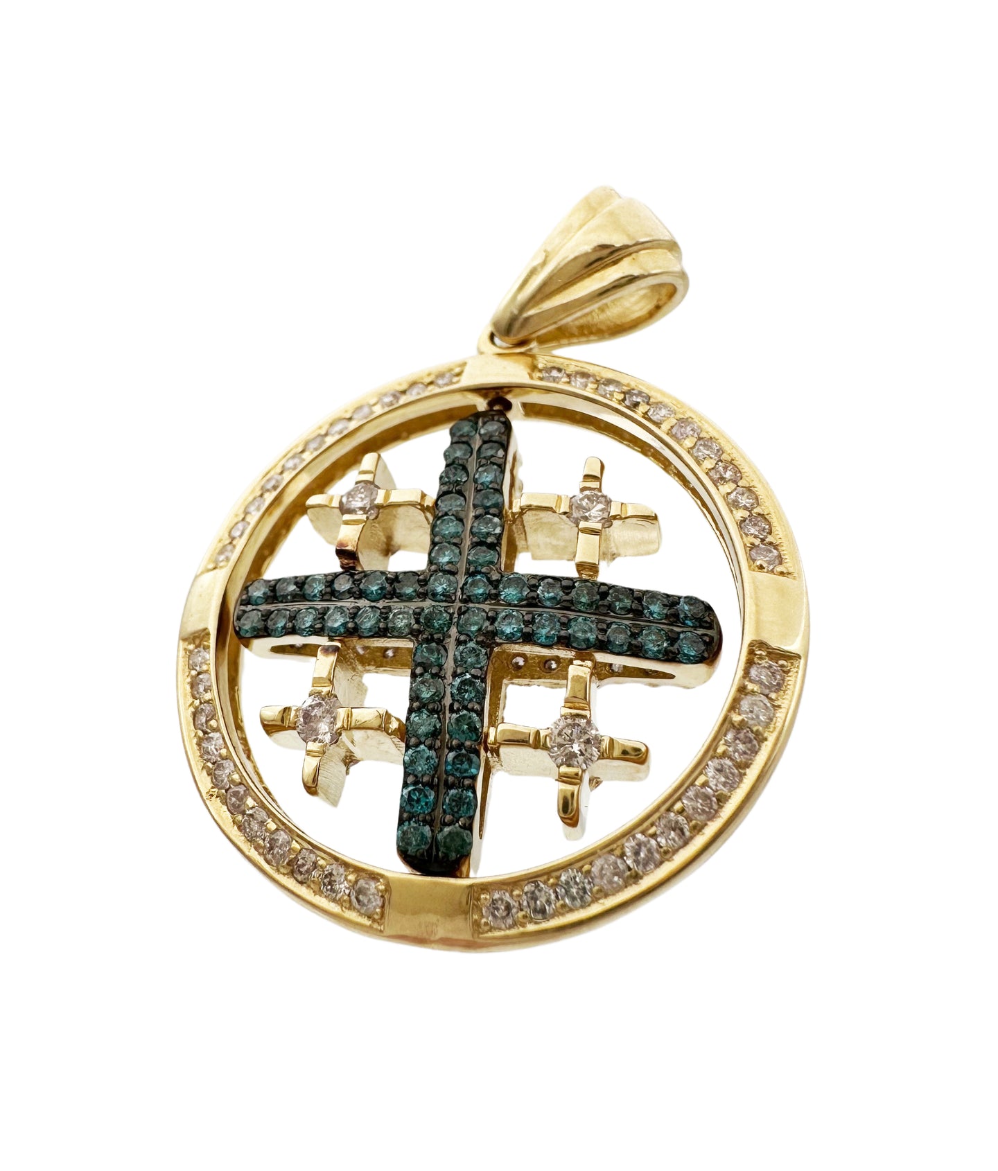 14K Yellow Gold Spinning Jerusalem Cross with Blue & White Diamonds.