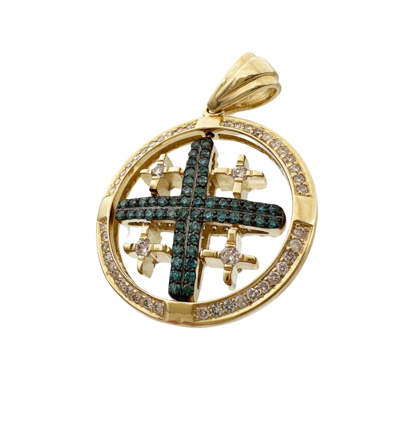 14K Yellow Gold Spinning Jerusalem Cross with Blue & White Diamonds.