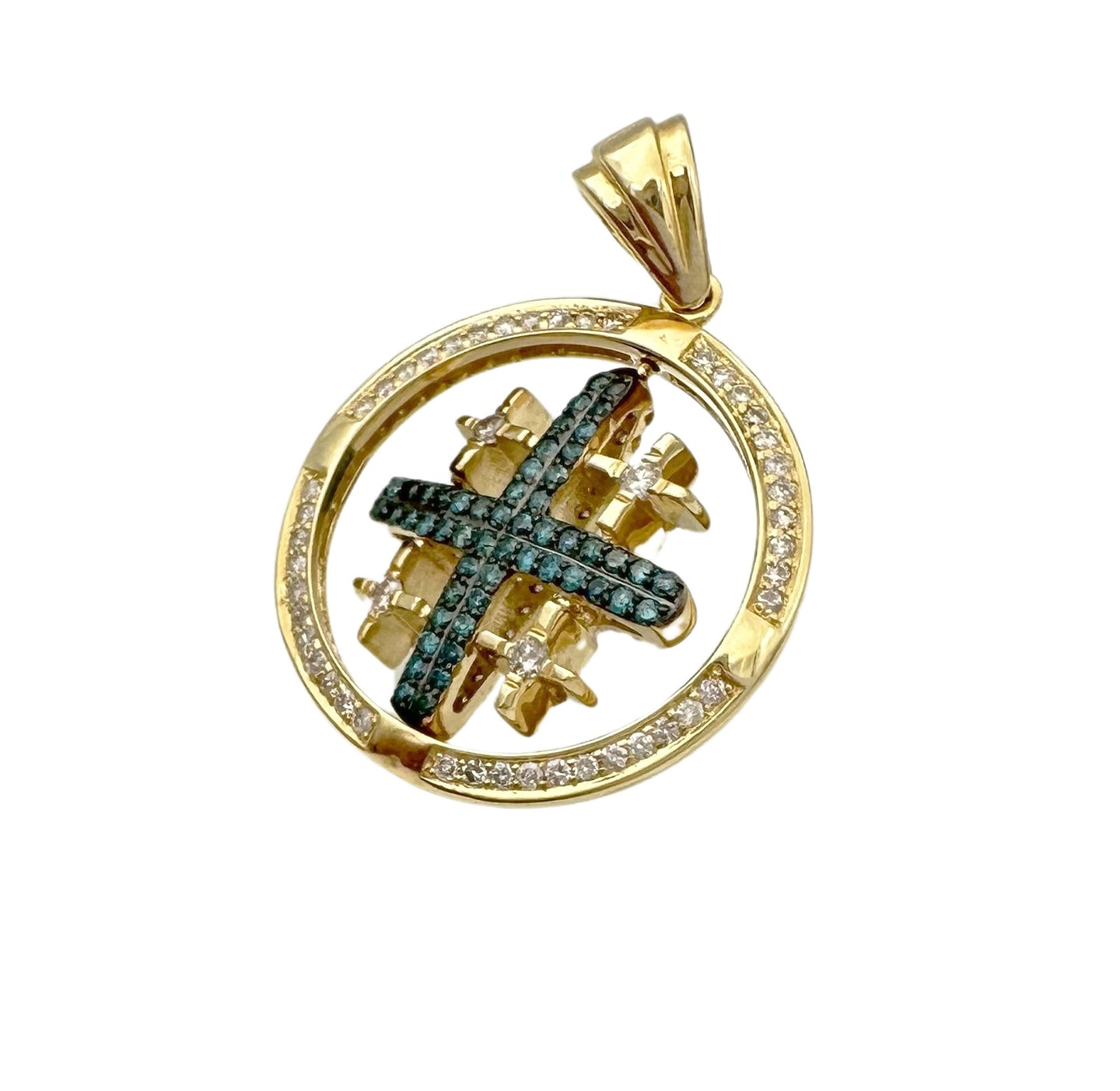 14K Yellow Gold Spinning Jerusalem Cross with Blue & White Diamonds.