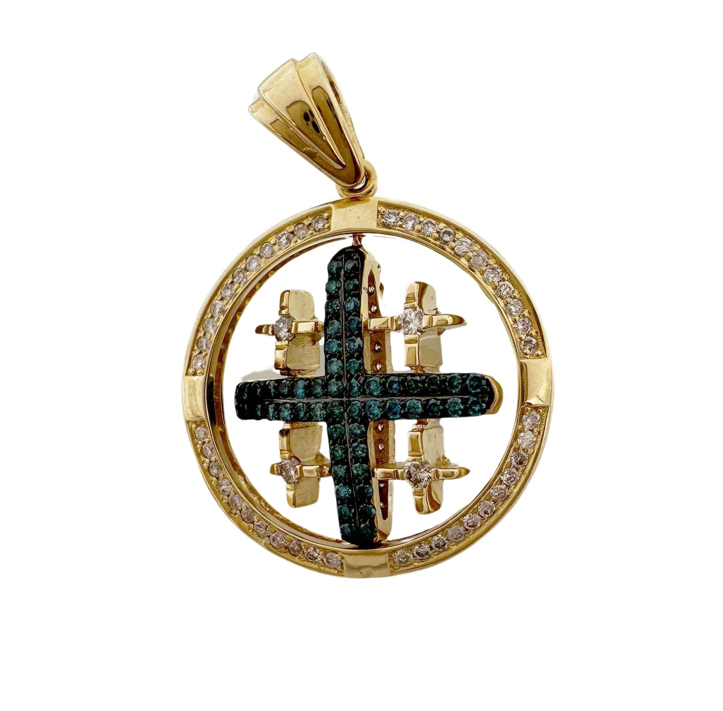 14K Yellow Gold Spinning Jerusalem Cross with Blue & White Diamonds.