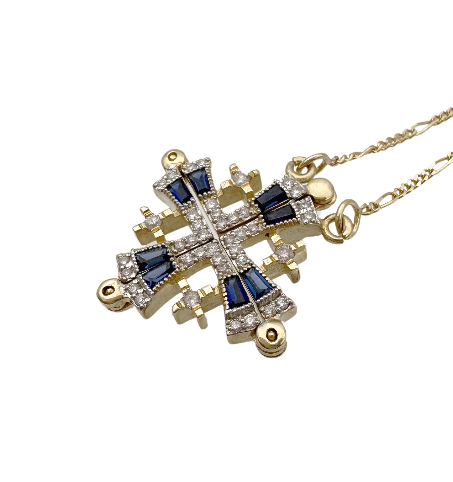 14K Gold Jerusalem Cross Diamond Necklace with Blue Sapphire