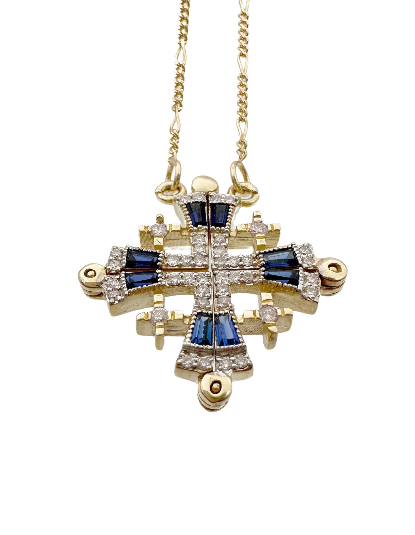 14K Gold Jerusalem Cross Diamond Necklace with Blue Sapphire