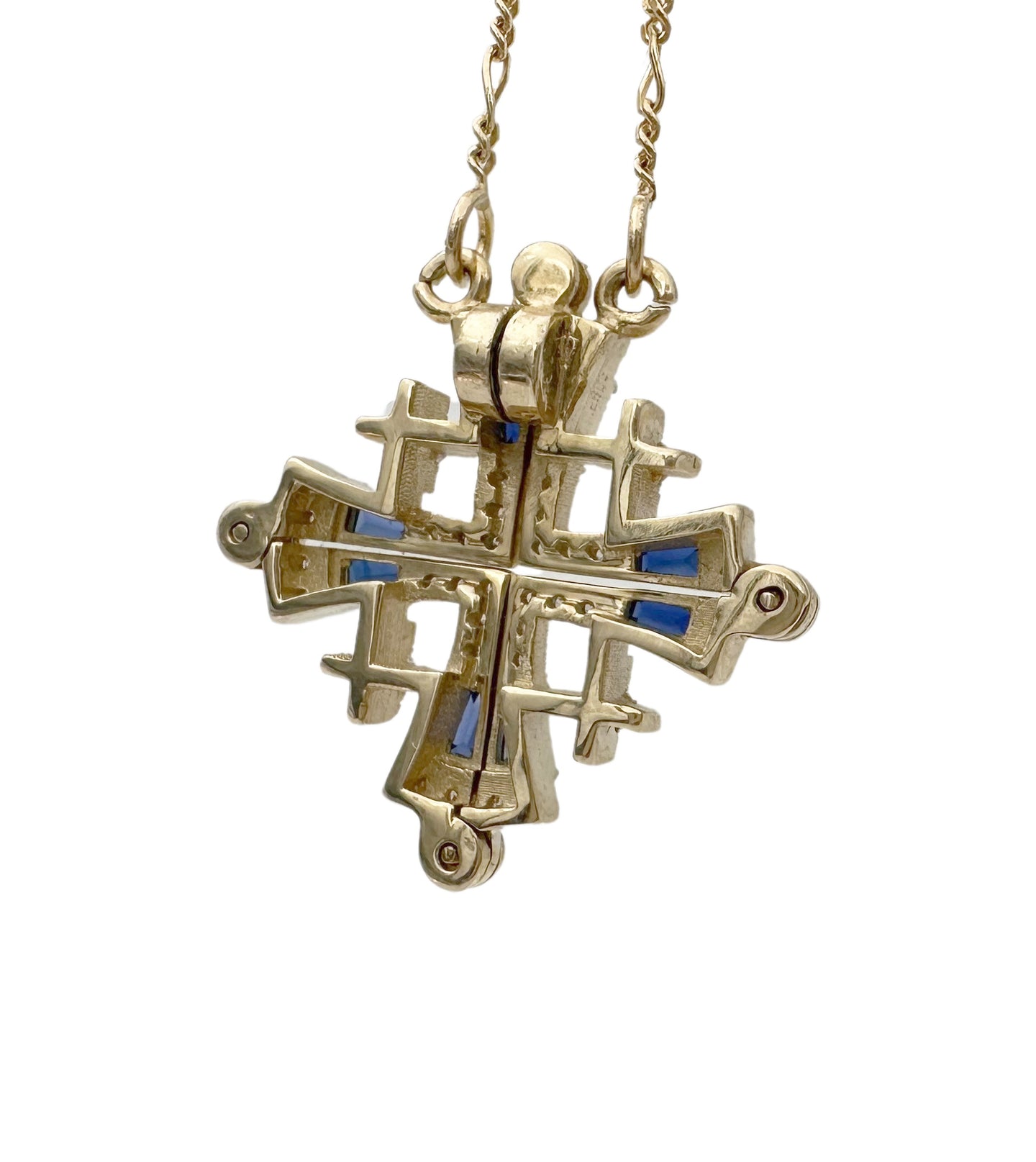 14K Gold Jerusalem Cross Diamond Necklace with Blue Sapphire