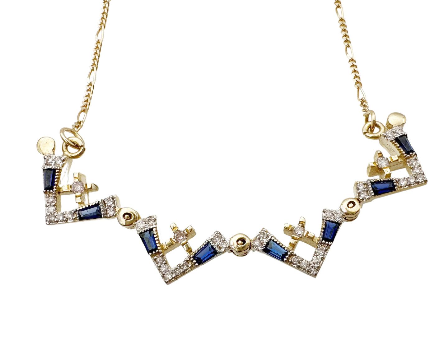 14K Gold Jerusalem Cross Diamond Necklace with Blue Sapphire