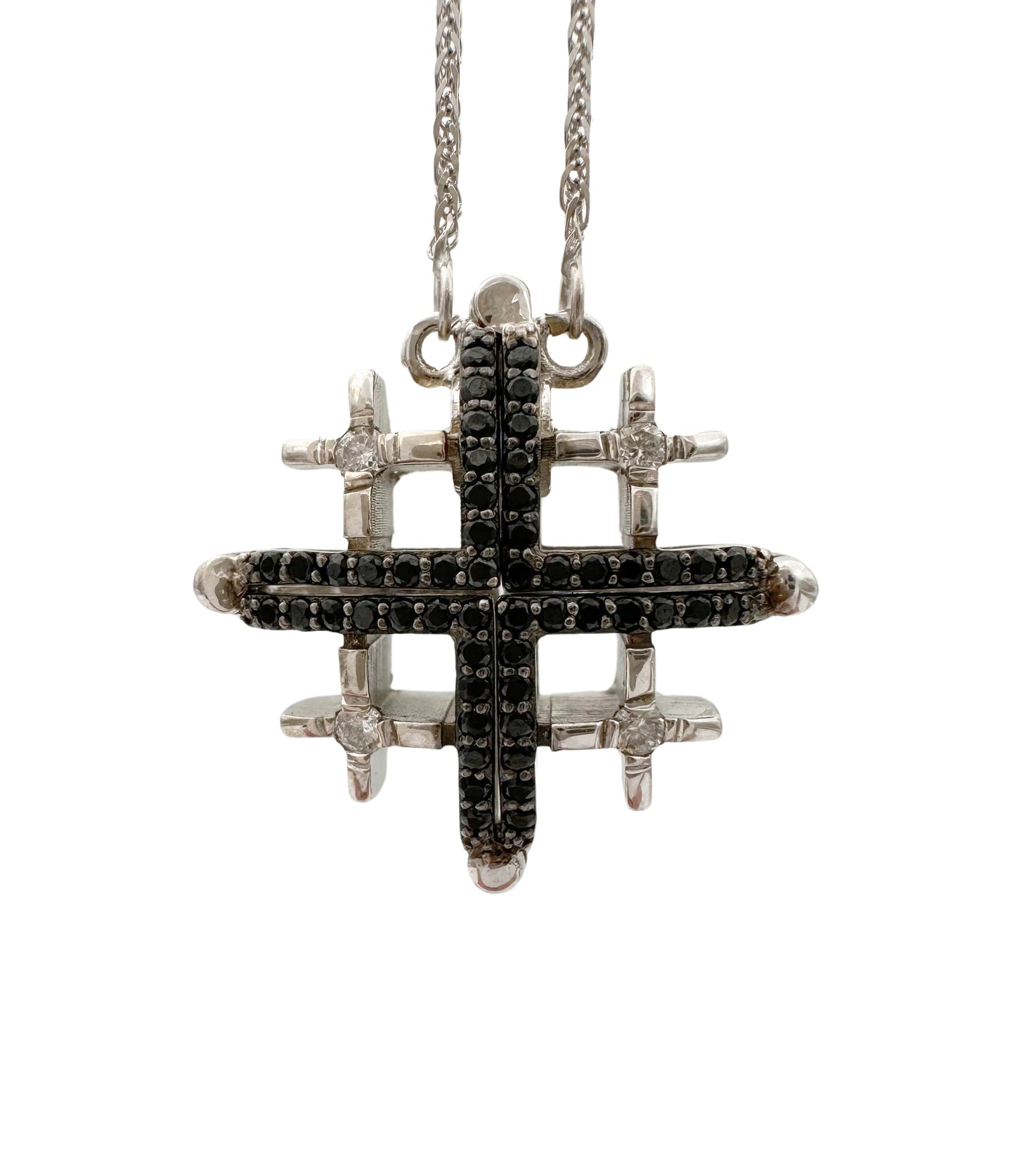 14K Gold Double-Sided Jerusalem Cross Black/White Diamond Necklace