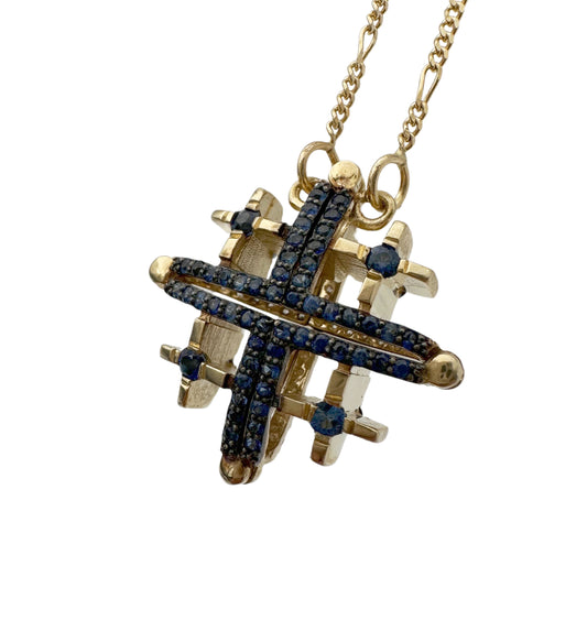 14K Gold Double-Sided Jerusalem Cross Sapphire/White Diamond Necklace