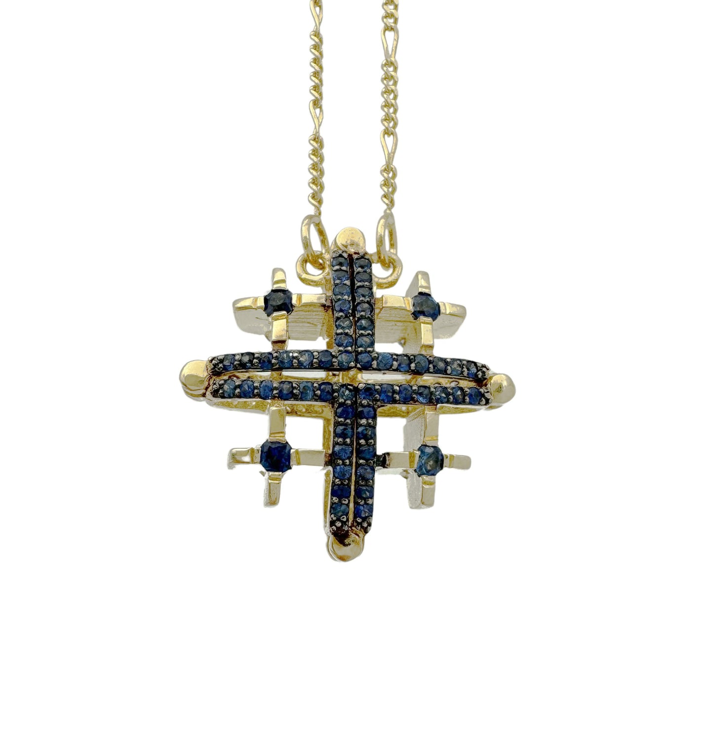 14K Gold Double-Sided Jerusalem Cross Sapphire/White Diamond Necklace