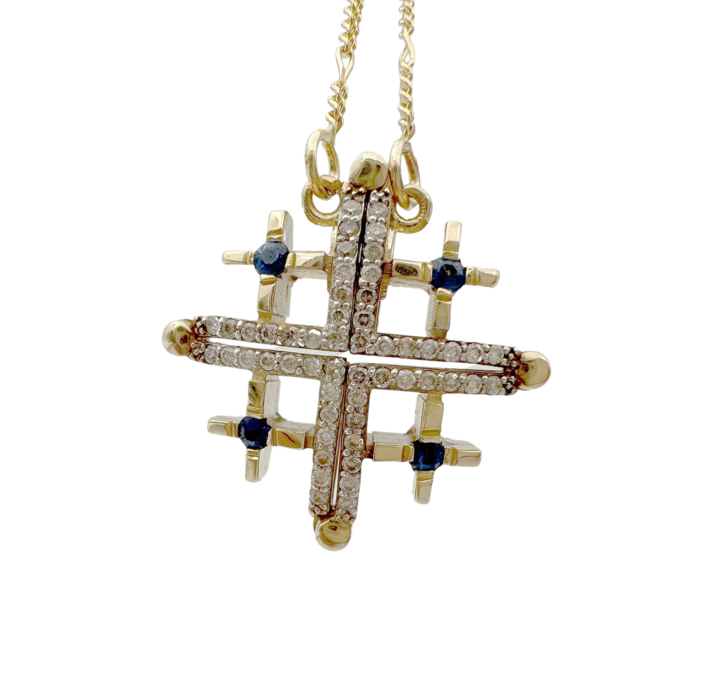 14K Gold Double-Sided Jerusalem Cross Sapphire/White Diamond Necklace