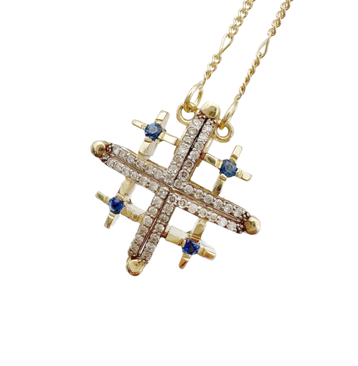 14K Gold Double-Sided Jerusalem Cross Sapphire/White Diamond Necklace