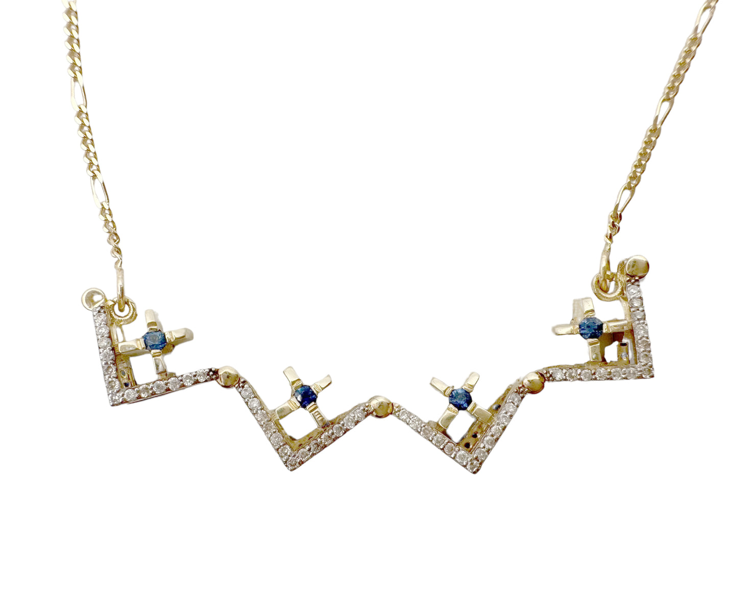 14K Gold Double-Sided Jerusalem Cross Sapphire/White Diamond Necklace